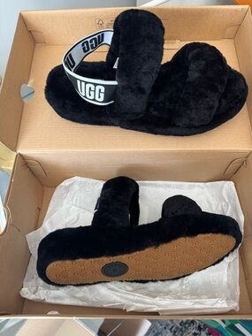 UGG Black Fuzz Slide Slippers with Tan Soles